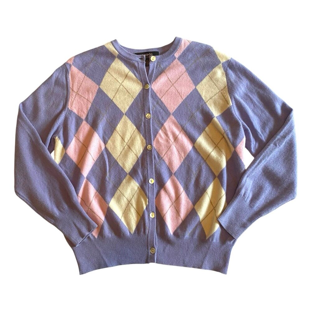 Ordos Cashmere Cardigan Sweater Sz L Cozy Soft Argyle Preppy Old Money Academia